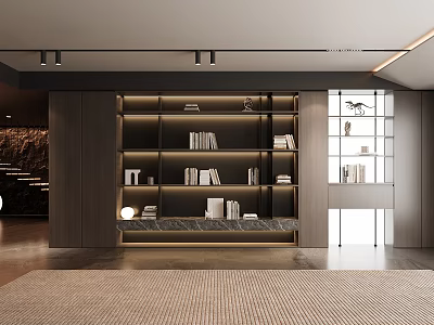 Modern Wooden Bookcase With Glass Doors Built in Lighting And Decor Items In Living Room Interior 3d model