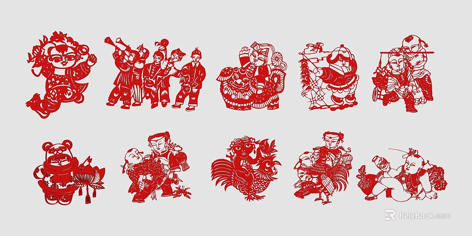 Traditional Red Paper Cut Wall Decor with Cultural Figures Animals and Patterns 3d model 