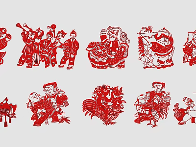 Traditional Red Paper Cut Wall Decor with Cultural Figures Animals and Patterns 3d model