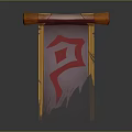 Fantasy Banner Decoration With Wooden Scrolls Purple Fabric Tattered Edges And Red Symbol