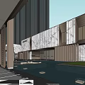 Modern Building Entrance With Wooden Canopy Stone Wall Metal Gate And Dark Stone Floor