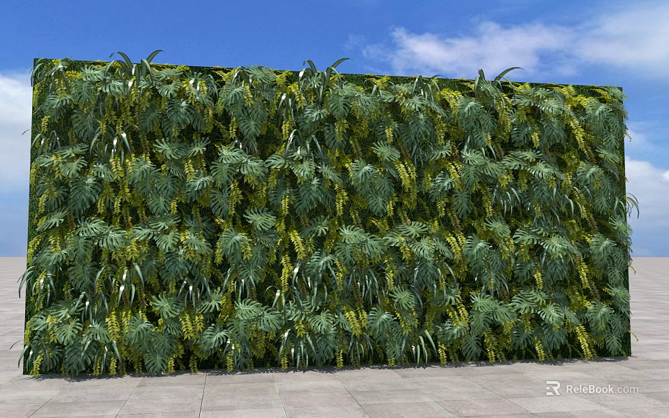 Lush Green Plant Wall With Yellow Flowers Blue Sky White Clouds And Stone Path 3d model 