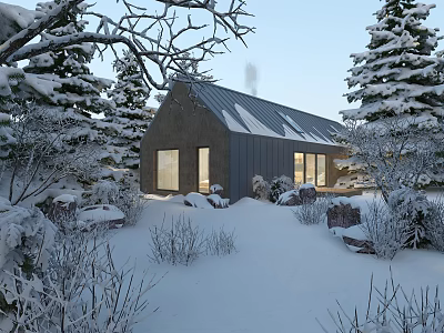 Snowy Winter Landscape With Cozy House Lit Windows And Snow Covered Trees 3d model