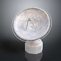 Large Circular Metallic Satellite Dish Antenna With Central Mechanism And Square Base Pedestal
