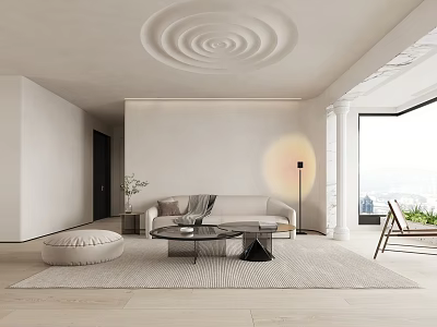 Modern Living Room With White Walls Ceiling Decoration Light Sofa And Glass Coffee Table 3d model