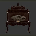 Antique Wooden Display Cabinet With Ornate Carvings And Animal Skull Inside