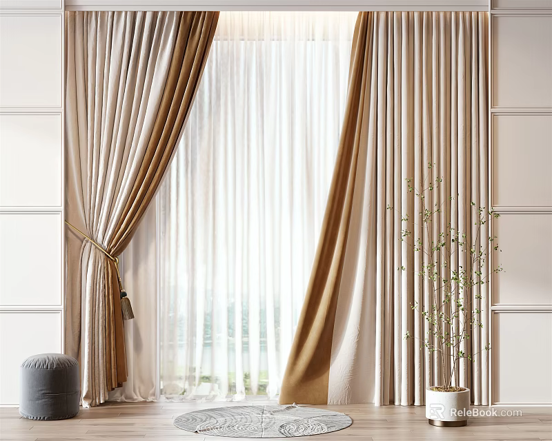 Modern Beige Curtains With Sheer Panels By Window Potted Plant Stool Round Rug 3d model 