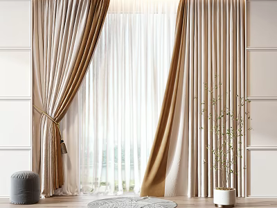 Modern Beige Curtains With Sheer Panels By Window Potted Plant Stool Round Rug 3d model