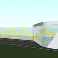 Urban Public Space With Blue Glass Curtain Wall Golden Patterns And Red Flowering Tree