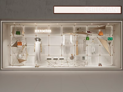 Hermes Store Window Display With Luxury Handbags White Dress And Metallic Frame Decorations 3d model