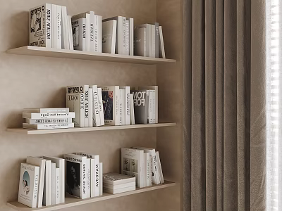 Home Library Shelves Filled With Various Books And Light Colored Curtains 3d model
