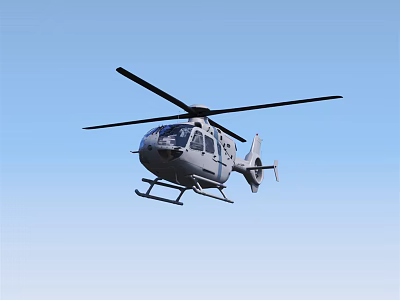 Sleek White Helicopter Flying In Clear Blue Sky With Spinning Rotor Blades 3d model
