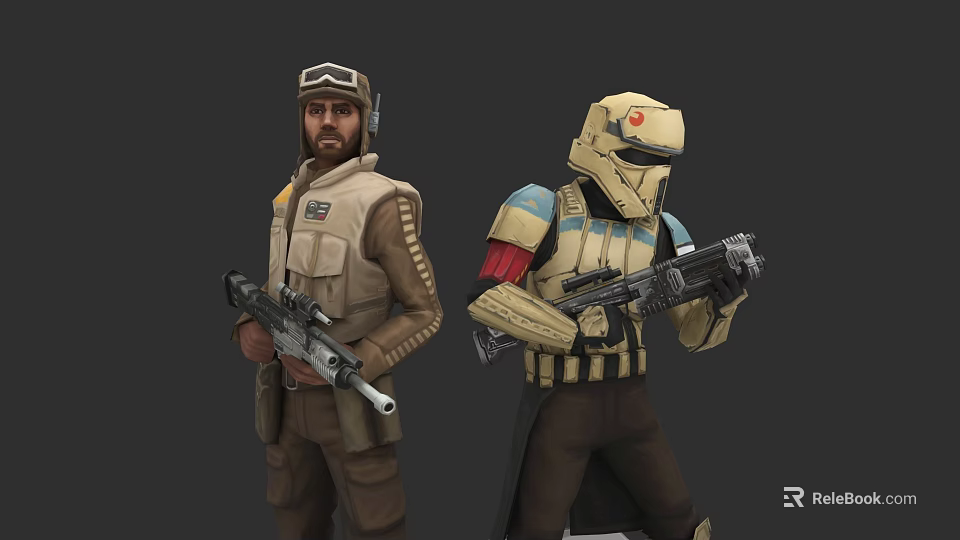 Sci Fi Game and Movie Characters in Tactical Vest Armored Suit Holding Blasters 3d model 