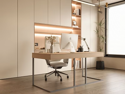 Modern Home Office With Wooden Desk iMac Office Chair Bookshelf with Lighting and Green Plant 3d model