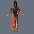 Woman In Traditional Red Long Dress With Decorative Belt And Leather Boots