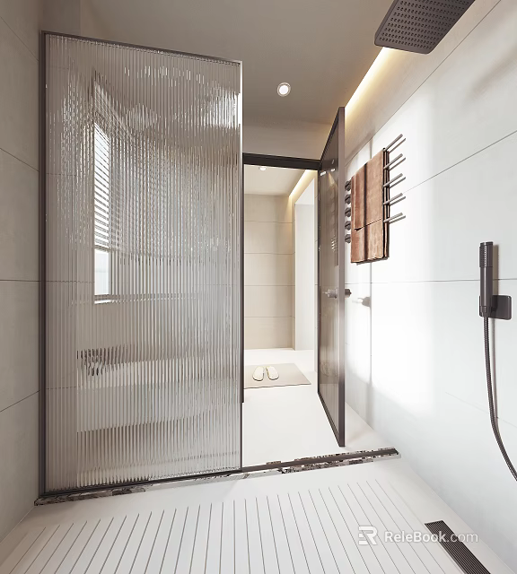 Modern Bathroom Interior With Striped Glass Shower White Tiled Walls And Wooden Shelves 3d model 