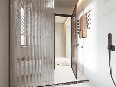 Modern Bathroom Interior With Striped Glass Shower White Tiled Walls And Wooden Shelves 3d model