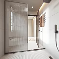Modern Bathroom Interior With Striped Glass Shower White Tiled Walls And Wooden Shelves