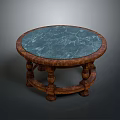 Elegant Round Coffee Table With Green Marble Top And Wooden Carved Legs
