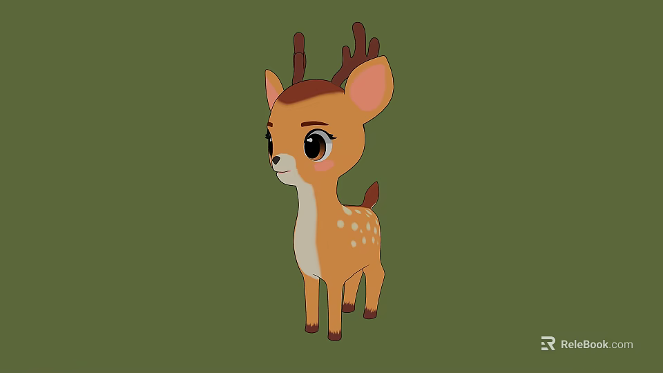 Cartoon Deer Fawn With Big Eyes Pink Cheeks And White Spots On Green Background 3d model 