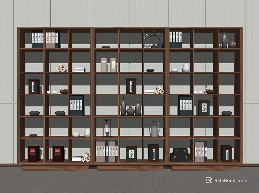 Modern Wooden Bookcase With Multiple Shelves Holding Books Decorative Items And Vases 3d model 