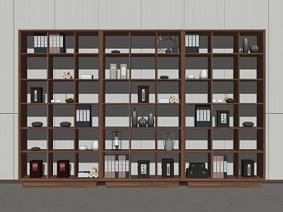 Modern Wooden Bookcase With Multiple Shelves Holding Books Decorative Items And Vases 3d model