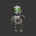 Metallic Silver Robot With Yellow Glowing Eyes And Red Antenna Standing On Dark Background