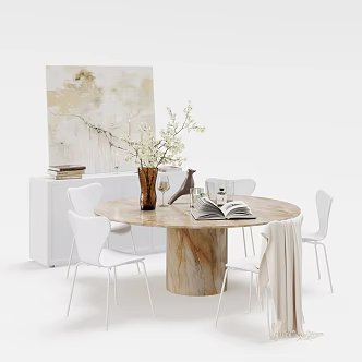 Dining Table and Chair Combination Indoor Furniture Sketch Vase Candle Book Perfume Blanket Picture Frame 3d model