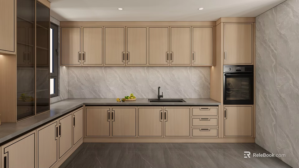 Modern Kitchen With Light Wood Cabinets Marble Countertop Sink And Oven 3d model 