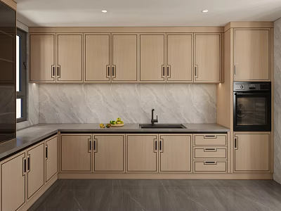 Modern Kitchen With Light Wood Cabinets Marble Countertop Sink And Oven 3d model