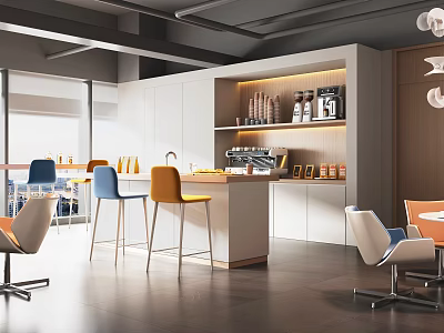 Modern Office Break Room With Bar Counter Colorful Stools And Coffee Machine 3d model