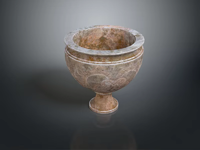 Intricately Carved Stone Garden Ornament Bowl With Decorative Patterns And Base 3d model
