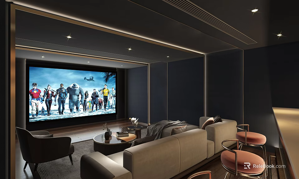 Modern Home Theater Interior With Large Projection Screen Comfortable Seating And Ambient Lighting 3d model 