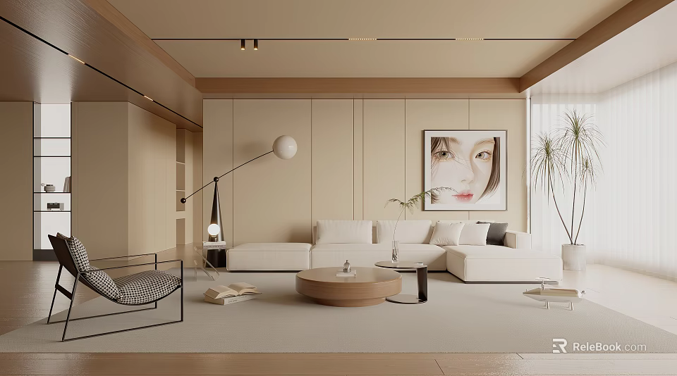 Modern Living Room Interior With White Sofa Round Coffee Table And Artwork 3d model