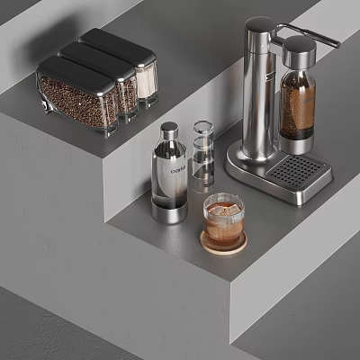 Sleek Modern Kitchen Appliances With Metallic Finish Coffee Grinder Bean Containers Syrup Bottle And Glass 3d model