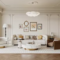 Elegant Modern Living Room Design With Beige Sofa Round Chandelier Wall Art Rug Accent Chair