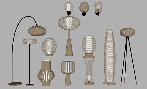 New Chinese style lamp combination natural bamboo wall lamp table lamp floor lamp combination 3d model