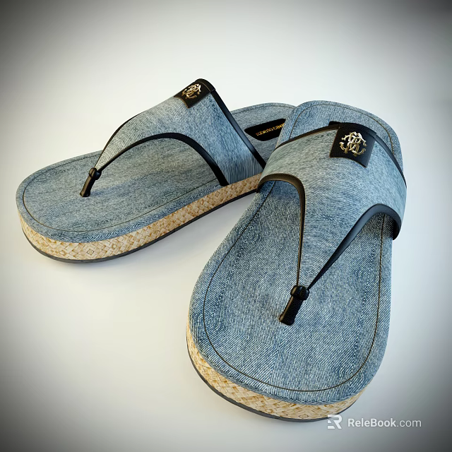Denim Flip Flops With Toe Post Design Cork Textured Sole And Logo 3d model 