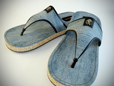 Denim Flip Flops With Toe Post Design Cork Textured Sole And Logo 3d model