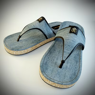 Denim Flip Flops With Toe Post Design Cork Textured Sole And Logo 3d model