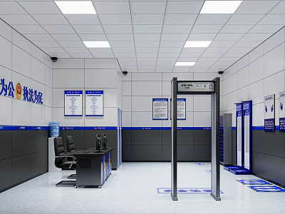 Security Check Area With Security Gate Desk Wall Signs And Blue Lines 3d model