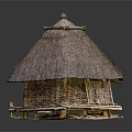 Traditional Thatched Roof Cottage With Wooden Structure Platform Base And Simple Doors Windows