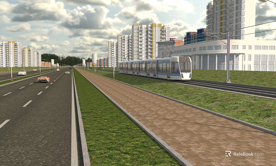 Modern Urban Road Facilities with Tram Track Pavement Grass and High Rise Buildings 3d model 