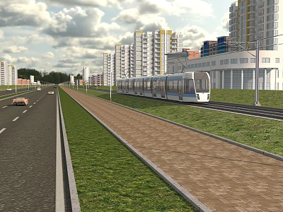 Modern Urban Road Facilities with Tram Track Pavement Grass and High Rise Buildings 3d model