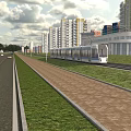 Modern Urban Road Facilities with Tram Track Pavement Grass and High Rise Buildings