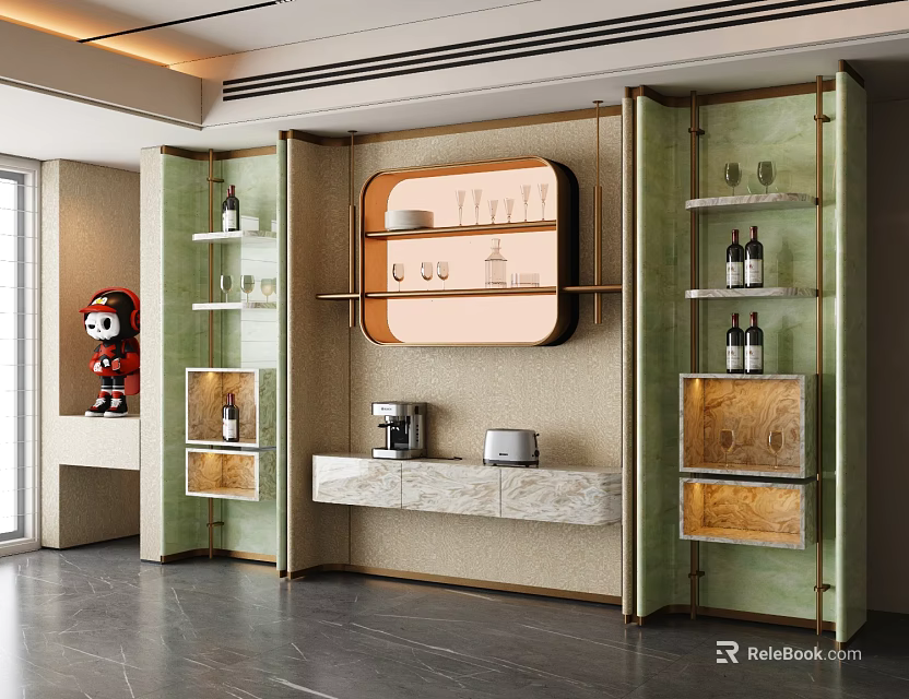 Modern Wine Cabinet With Green Glass Doors Gold Frame And Marble Countertop 3d model 