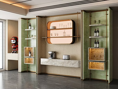 Modern Wine Cabinet With Green Glass Doors Gold Frame And Marble Countertop 3d model