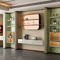 Modern Wine Cabinet With Green Glass Doors Gold Frame And Marble Countertop