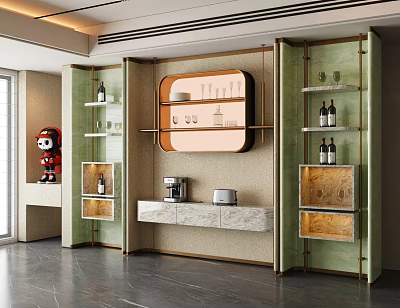 Modern Wine Cabinet With Green Glass Doors Gold Frame And Marble Countertop 3d model