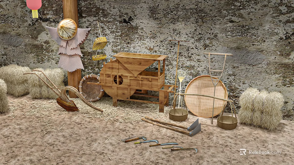 Rustic Garden Decor Scene With Wooden Cart Wicker Baskets Straw Piles And Traditional Tools 3d model 